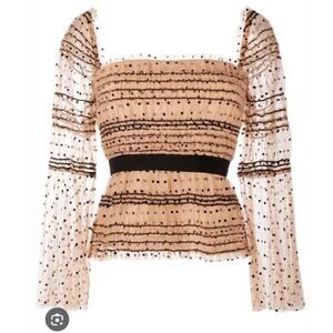 Self-Portrait Shirred Polka Dot Sheer Top US 4 Smocked Nude Mesh Square Neck